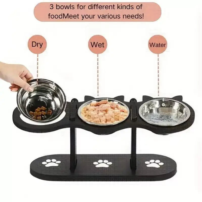 15° Tilted Elevated Cat Bowls - Raised Cat Bowls Stand，3 Stainless Steel Cat Dishes for Food and Water, Pet bowl