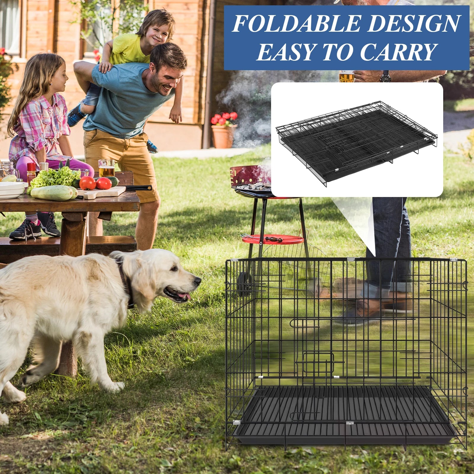 Double Door Dog Crate - Pet Kennel with Plastic Tray & Puppy Divider
