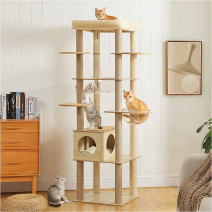 Wood Cat Tree with Spacious Condo Cozy Hammock Sisal Scratching Posts Multi-Level Tall Cat Tower for Indoor Large Cat Furniture
