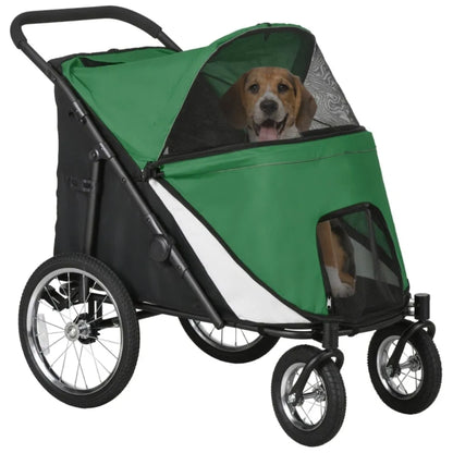 Foldable Pet Stroller with Washable Cushion, Storage Bags, Safety Leash for Medium and Large Dogs Cats Travel, Dark Green