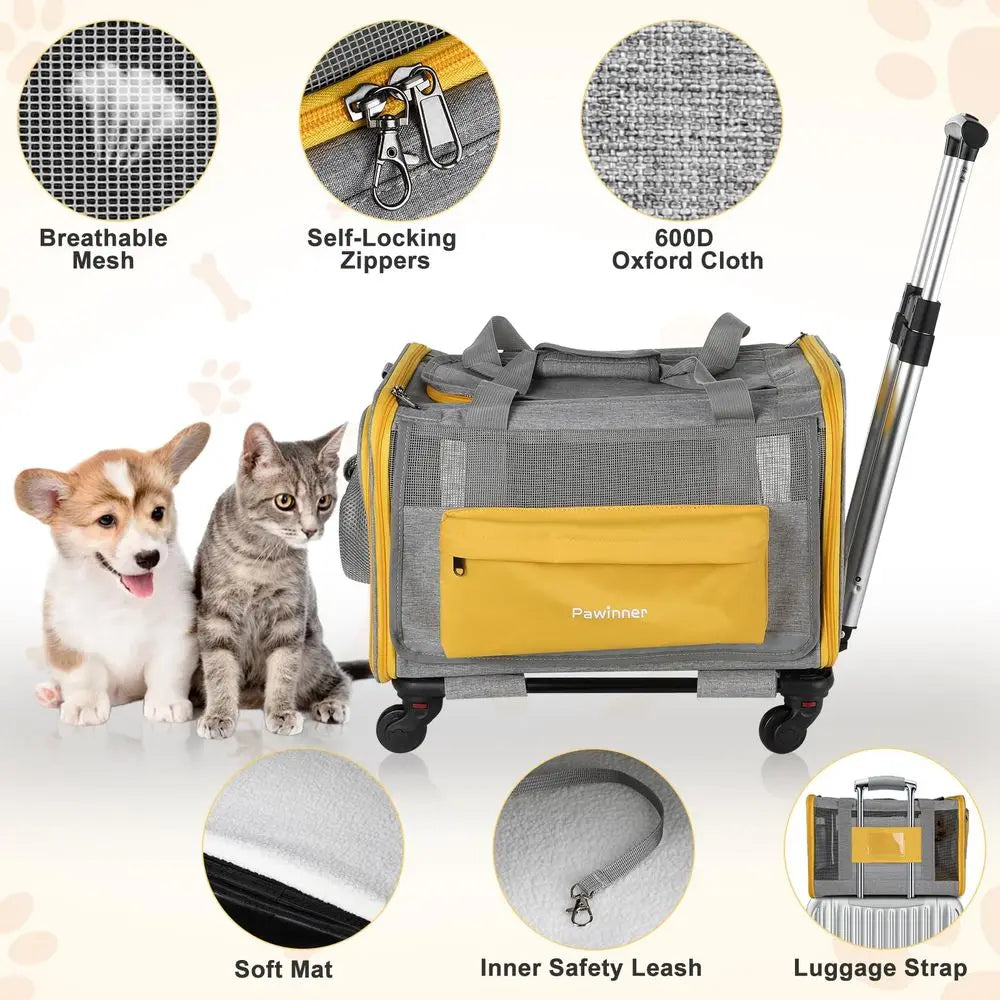 Pet Carrier with Wheels for Cats and Dogs Airline Approved, Large Cat Stroller Detachable Foldable Dog Trolley with Washable Pa
