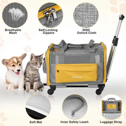 Pet Carrier with Wheels for Cats and Dogs Airline Approved, Large Cat Stroller Detachable Foldable Dog Trolley with Washable Pa