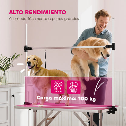 Pawhut Foldable Dog Grooming Table, Grooming Table with Metal Mesh Basket, Non-Slip Countertop, Adjustable Stainless Steel Bar, for Dogs, Cats, 107X60X164 Cm, Pink