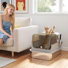 XXL Stainless Steel Cat Litter Tray, Enclosed Cat Litter Box with 90° Flip Cover, Double Doors, Scoop, Easy Clean, Grey