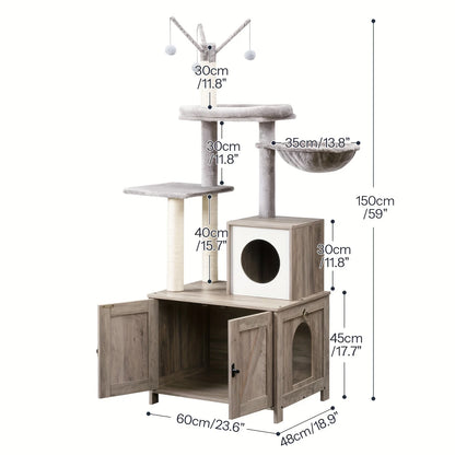 Cat Tree with Litter Box Enclosure, Hidden Pet Washroom Furniture with Sisal Scratching Post, Hammocks, Condo, Multi-Level Platform, Soft Plush Perch, Gray