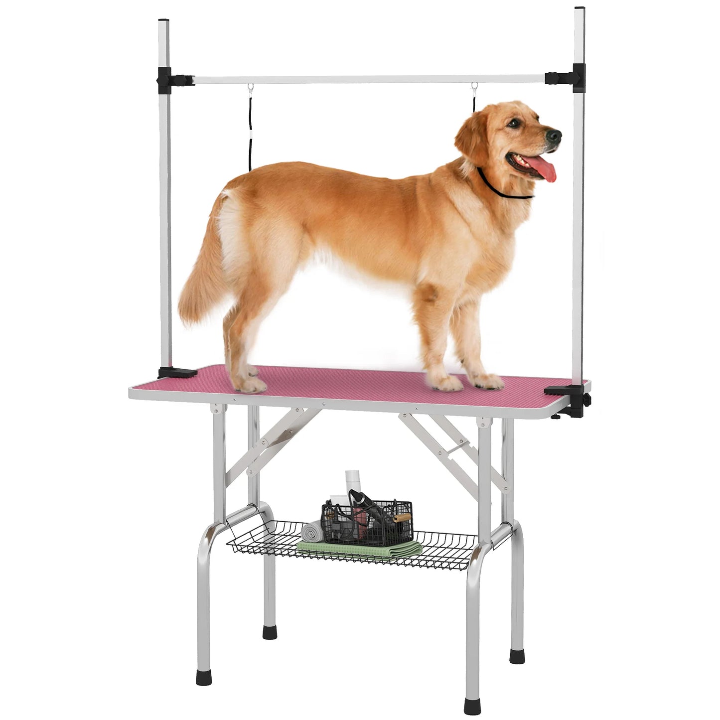 Pawhut Foldable Dog Grooming Table, Grooming Table with Metal Mesh Basket, Non-Slip Countertop, Adjustable Stainless Steel Bar, for Dogs, Cats, 107X60X164 Cm, Pink