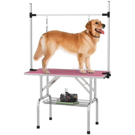 Pawhut Foldable Dog Grooming Table, Grooming Table with Metal Mesh Basket, Non-Slip Countertop, Adjustable Stainless Steel Bar, for Dogs, Cats, 107X60X164 Cm, Pink