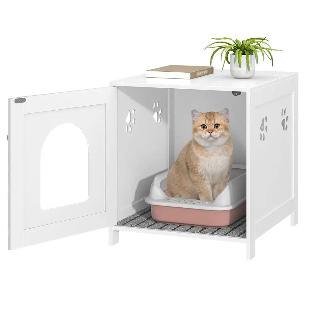 Cat Litter Box Enclosure, 52 cm L Hidden Litter Box Furniture, Wooden Indoor Pet House with Front Arched Door, Side End Table,