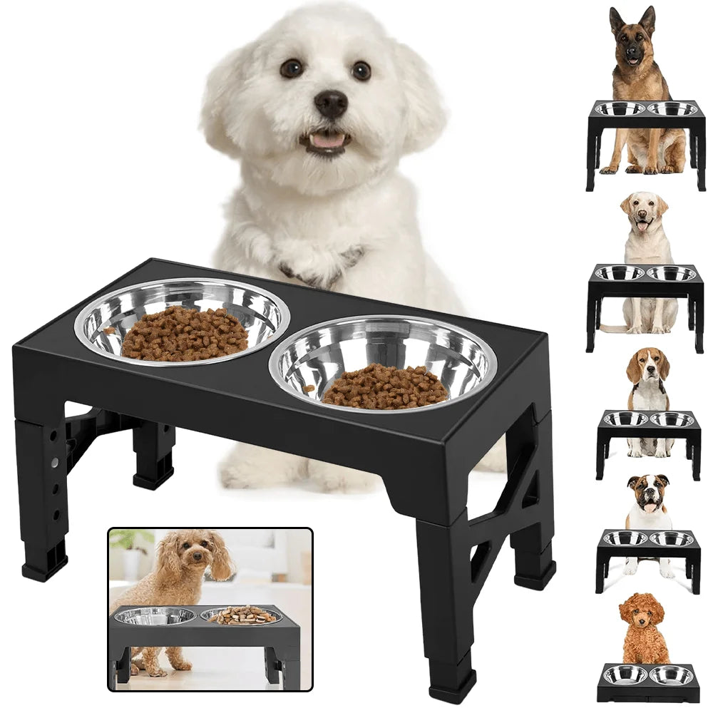A Pet Feeding Station Featuring Two Stainless Steel Bowls, Designed with an Adjustable Height That Offers Five Different Levels