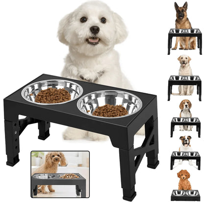A Pet Feeding Station Featuring Two Stainless Steel Bowls, Designed with an Adjustable Height That Offers Five Different Levels