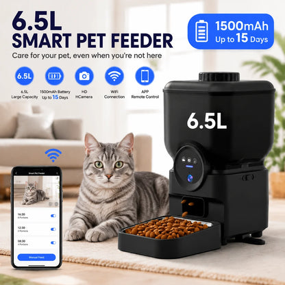 6.5L Automatic Cat Feeder Rechargeable WIFI Smart Pet Feeder App Controlled Cat Feeder With Camera Built-in battery For Cat Dog