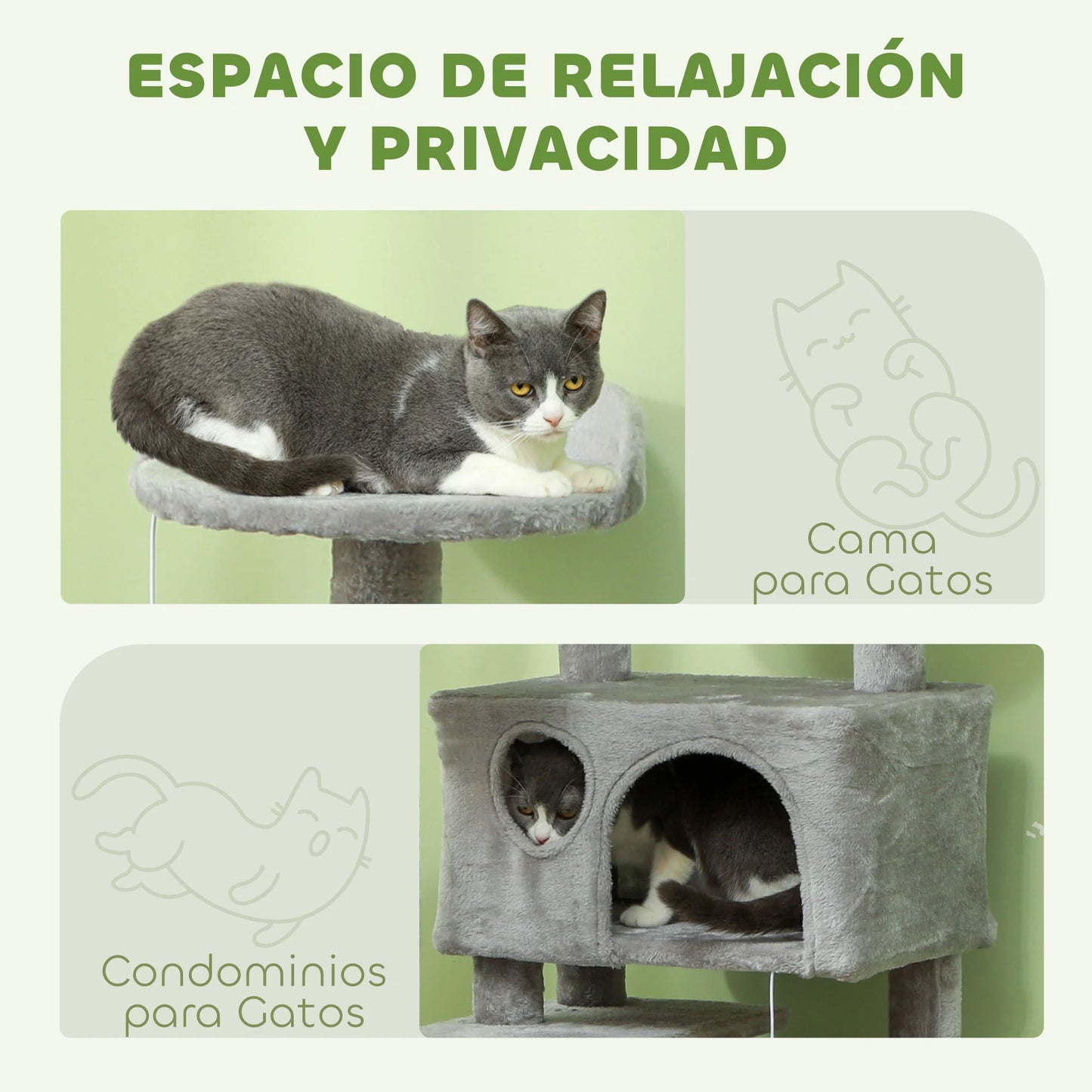 Pawhut Cat Scratching Post Height 138 cm Cat Tree with Multiple Levels Caves Hanging Balls and Hammocks Light Gray