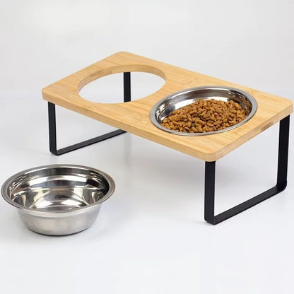 Elevated Cat Bowls Pet Feeder 15° Tilted Raised Cat Food Bowls with Wooden Stand Set of 2 Stainless Steel Bowl