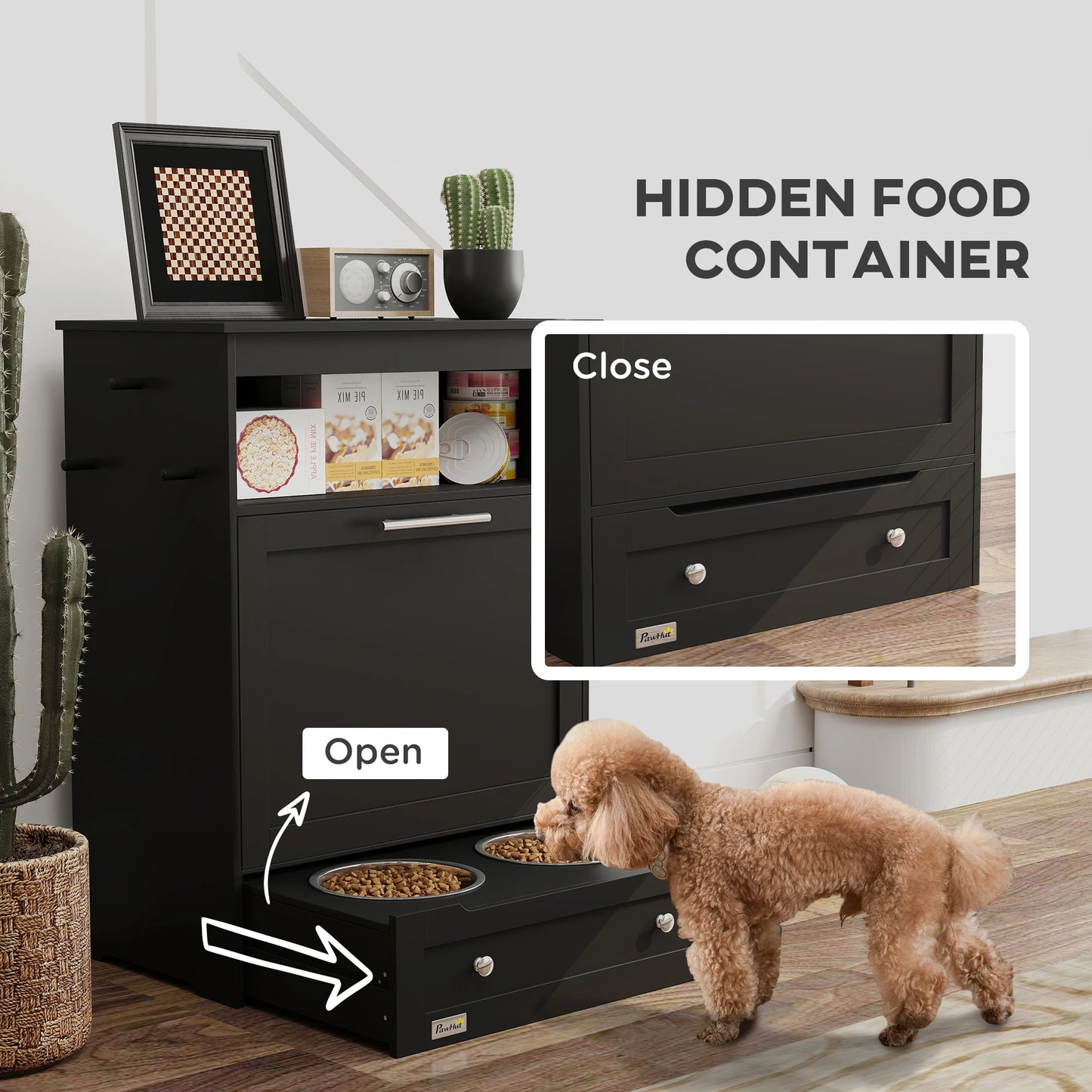 Pet Feeder Station, Dog, Cat Storage Container, with Raised Bowls, Hanger, Cabinet - Black
