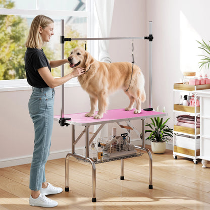 Pawhut Foldable Dog Grooming Table, Grooming Table with Metal Mesh Basket, Non-Slip Countertop, Adjustable Stainless Steel Bar, for Dogs, Cats, 107X60X164 Cm, Pink