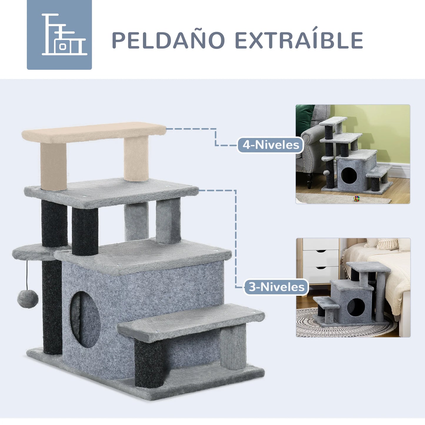 Pawhut Pawhut 4-Step Cat Stairs Adjustable Pet Step with Cave and Hanging Ball 60X40X66 cm Gray