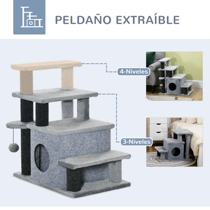 Pawhut Pawhut 4-Step Cat Stairs Adjustable Pet Step with Cave and Hanging Ball 60X40X66 cm Gray