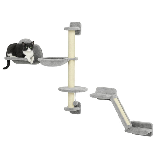 Pawhut 3-Piece Cat Climbing Wall Set with Hammock Ramp with Scratching Post Cloud-Shaped Platform Gray