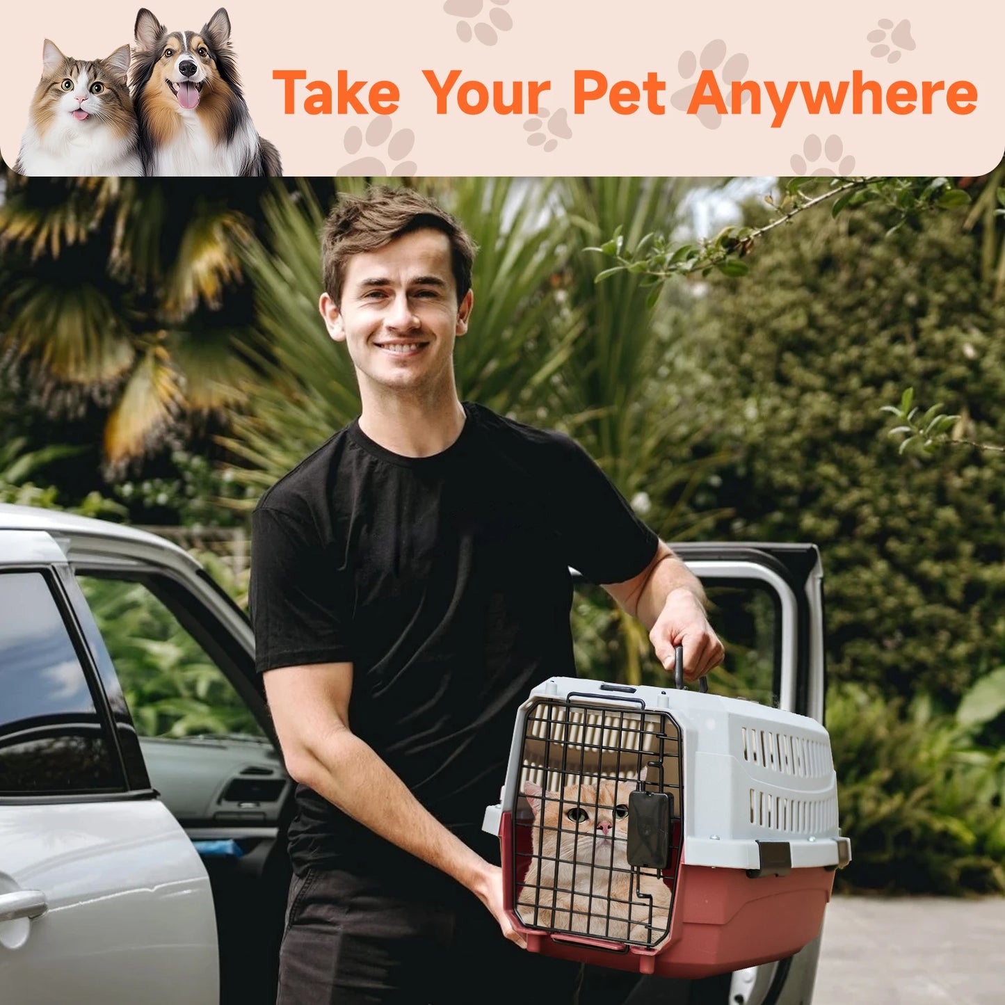 Nobleza Large Cat Dog Carrier, Portable and Breathable Dog Carrier for Cats, Pet Dogs Cats Accessories, Plastic Carrier, 68X48X42 Cm, Red & Gray