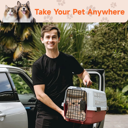 Nobleza Large Cat Dog Carrier, Portable and Breathable Dog Carrier for Cats, Pet Dogs Cats Accessories, Plastic Carrier, 68X48X42 Cm, Red & Gray