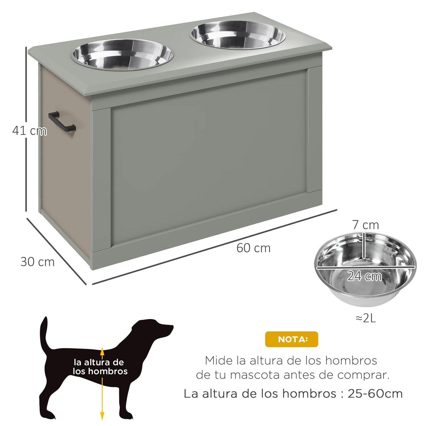 Pawhut Elevated Feeder for Large Dogs with 2 2000ml Bowls and Hidden Storage 60X30X41 cm Gray