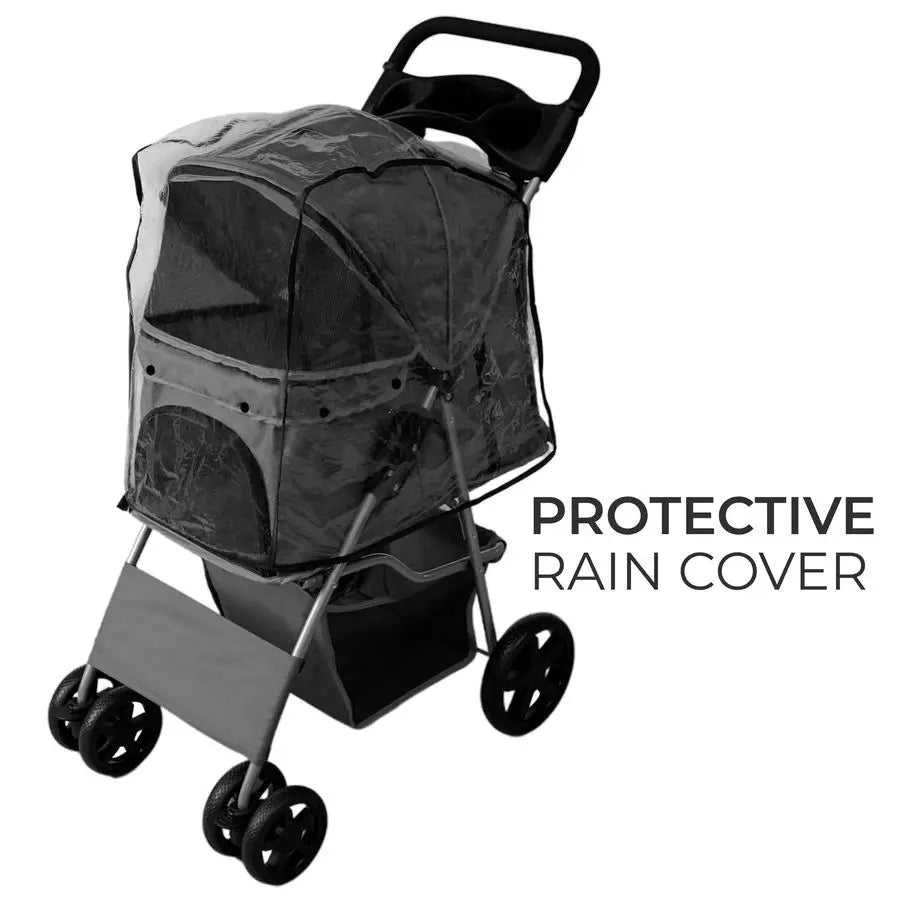 Stroller Pushchair Grey Carrier Foldable Trolley Travel Cart 15kg Capacity 4 Wheels Brakes Cat Dog Safety Snap Hook Leash Cushi