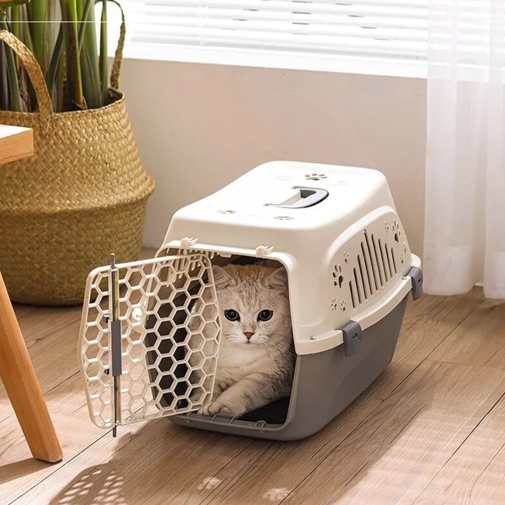 Pet Carrier Box Dog Transport Air Box Portable Cat Handheld Carrying Box with Breathable Window for Cats Dogs Beige 31x46x33cm