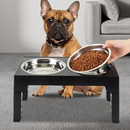 A Pet Feeding Station Featuring Two Stainless Steel Bowls, Designed with an Adjustable Height That Offers Five Different Levels