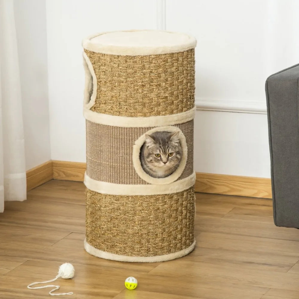 Cat Scratching Barrel Kitten Tree Tower Pet Furniture Climbing Frame Covered with Sisal&Seaweed Rope Cozy Platform Soft Plush