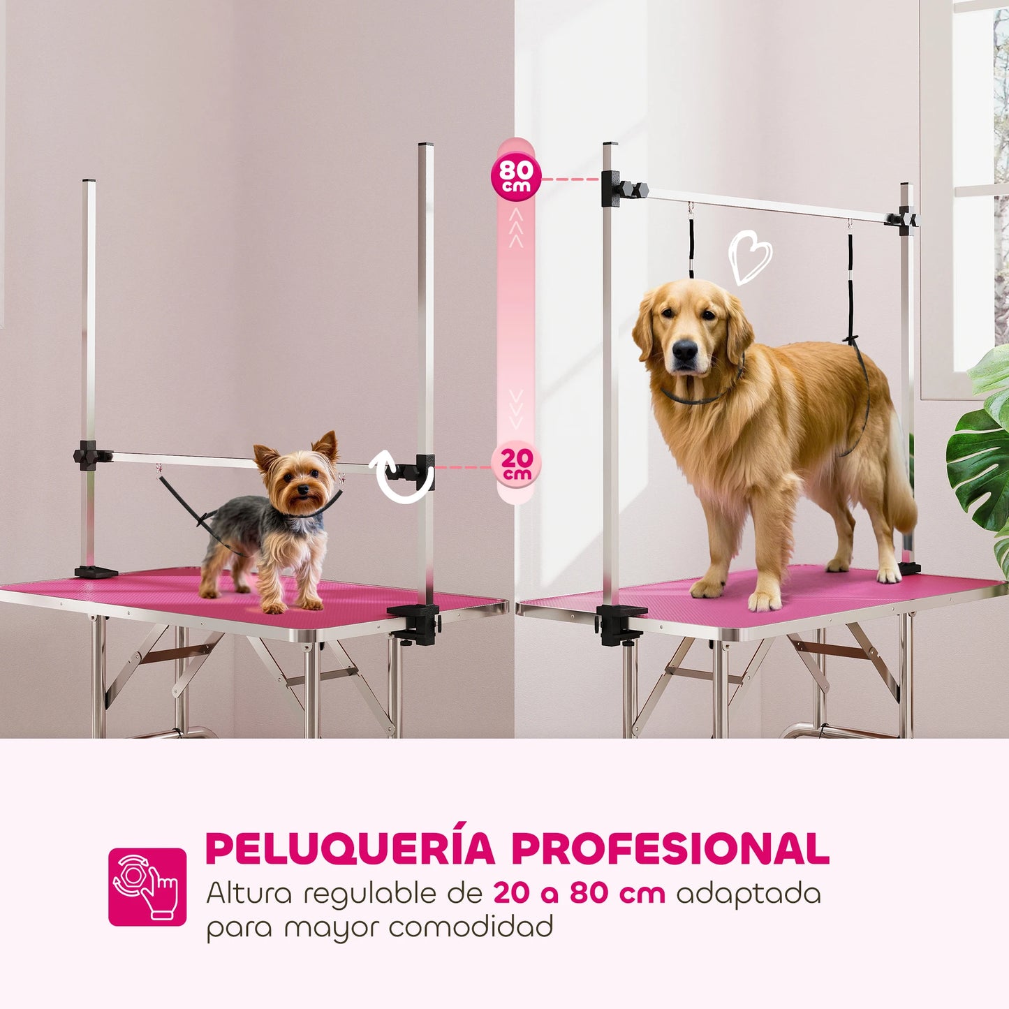 Pawhut Foldable Dog Grooming Table, Grooming Table with Metal Mesh Basket, Non-Slip Countertop, Adjustable Stainless Steel Bar, for Dogs, Cats, 107X60X164 Cm, Pink