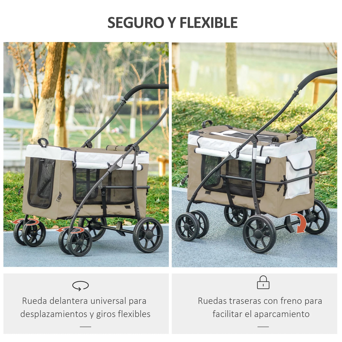 Pawhut Foldable Dog Stroller with Detachable Wagon 4 Doors with Zipper 2 Safety Straps and Cushion Khaki