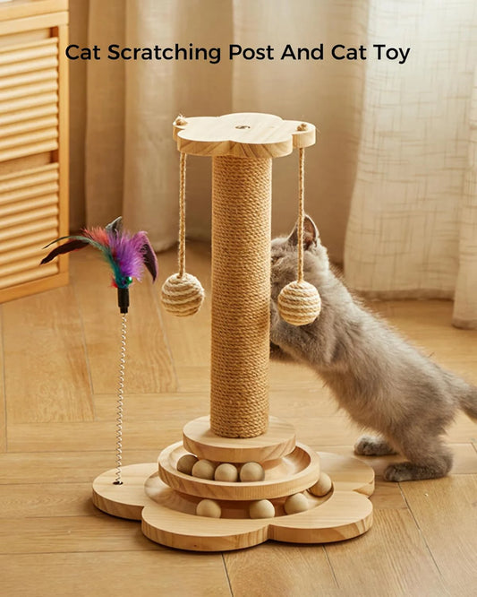 Cat Scratching Post, 4-in-1 Wooden Cat Scratching Toy, 46cm Tall Scratching Post with Horizontal Cat Tracking Ball and 2 Ball