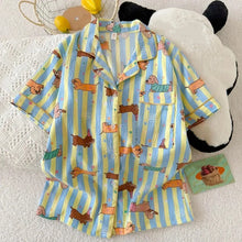 Star Striped Dog Print Pajamas - Kawaii Y2K Lapel Neck Sweet Cute Women's Sleepwear