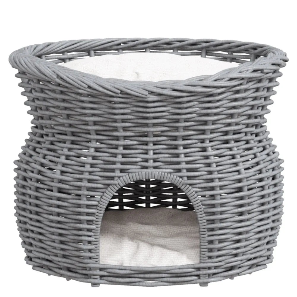 2-Tier Wicker Cat House Elevated Pet Bed Basket Willow Kitten Tower Pet Den. with Washable Cushions 56x37x40cm Grey