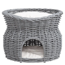Wicker Cat House – 2-Tier Elevated Cat Bed with Washable Cushions, Pet Basket & Cat Den, 56 × 37 × 40 cm