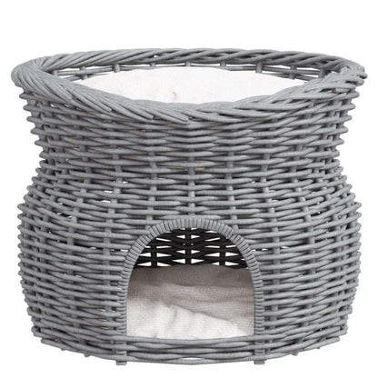 2-Tier Wicker Cat House Elevated Pet Bed Basket Willow Kitten Tower Pet Den. with Washable Cushions 56x37x40cm Grey