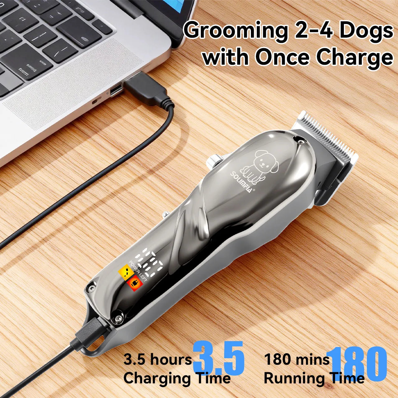 Solimpia Pet Grooming Clipper for Dogs Cats 6500RPM Heavy-Duty Motor USB Rechargeable 180Mins Runtime Low Noise