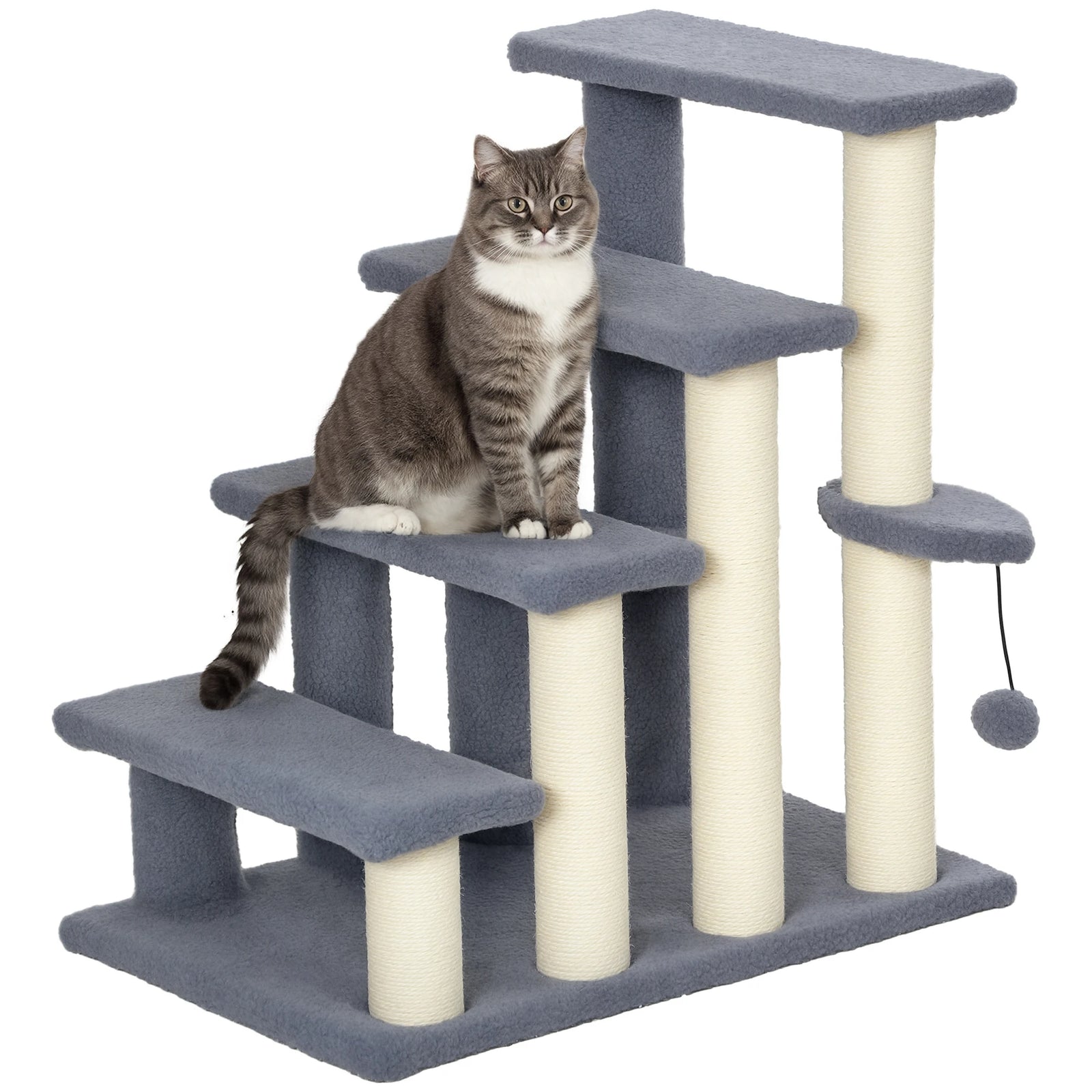 4-Level Cat Stairs - Soft Plush Sisal Scratching Post - Hanging Ball - Gray Pet Tower