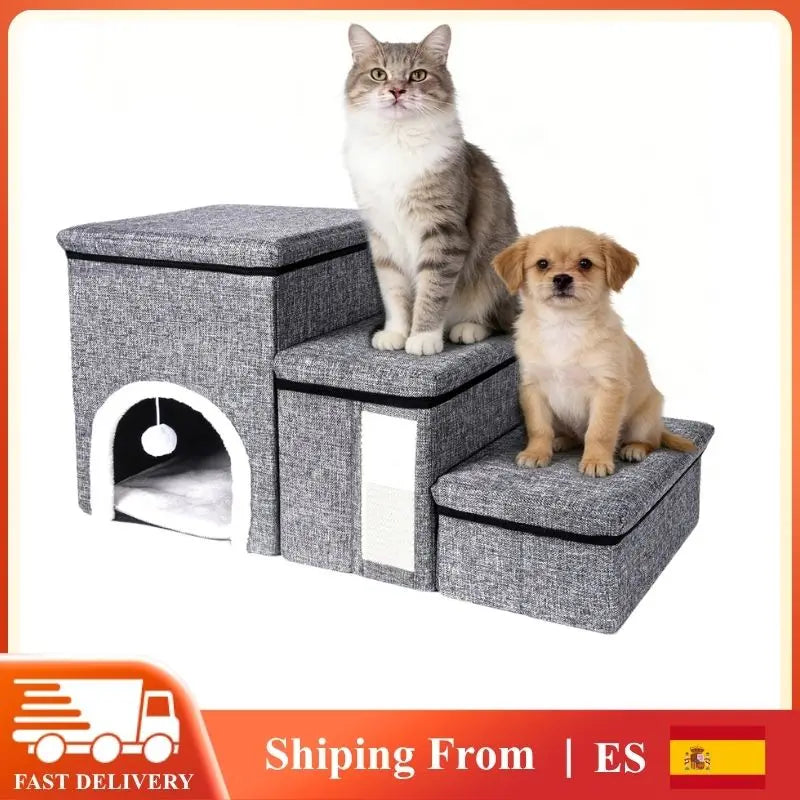 Multifunctional Dog Stairs 3 Step Pet Ramp with Storage & Rest Place Foldable Cat Dog Ladder for Bed Sofa Climbing Pet Furniture