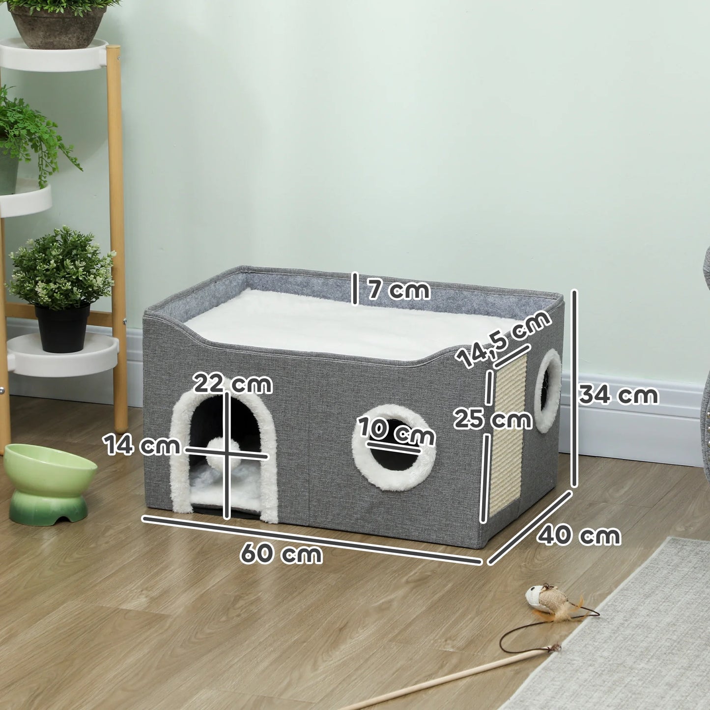Pawhut Foldable Cat House with Scratching Post 3 Entrances Hanging Ball Reversible Cushion in Plush and Linen Type 60X40X34 cm Gray