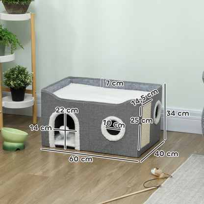 Pawhut Foldable Cat House with Scratching Post 3 Entrances Hanging Ball Reversible Cushion in Plush and Linen Type 60X40X34 cm Gray