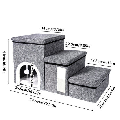 Multifunctional Dog Stairs 3 Step Pet Ramp with Storage & Rest Place Foldable Cat Dog Ladder for Bed Sofa Climbing Pet Furniture