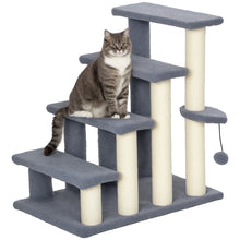 4-Level Cat Stairs - Soft Plush Sisal Scratching Post - Hanging Ball - Gray Pet Tower