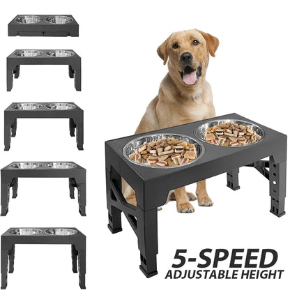A Pet Feeding Station Featuring Two Stainless Steel Bowls, Designed with an Adjustable Height That Offers Five Different Levels