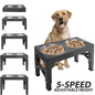 A Pet Feeding Station Featuring Two Stainless Steel Bowls, Designed with an Adjustable Height That Offers Five Different Levels