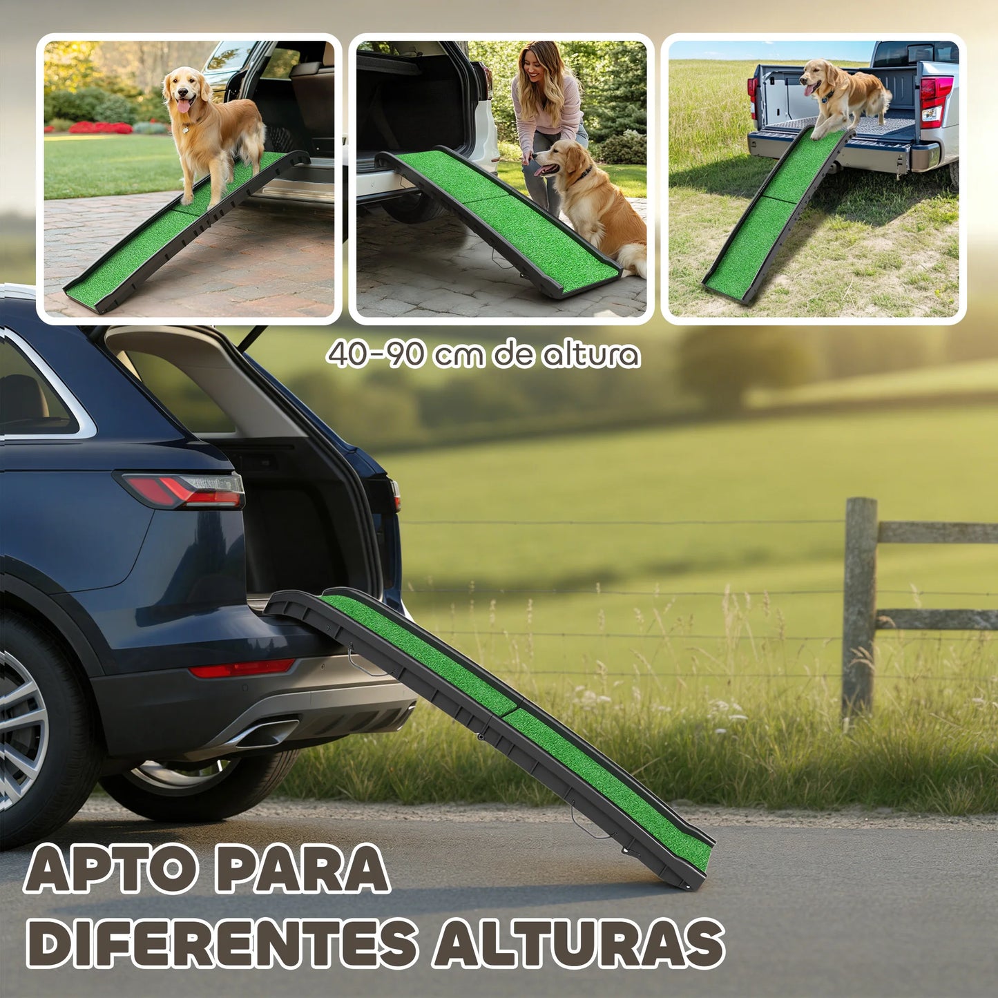 Pawhut Dog Ramp with Artificial Grass 155 cm Foldable Dog Ramp for Car with Handle Adjustable Angle Green