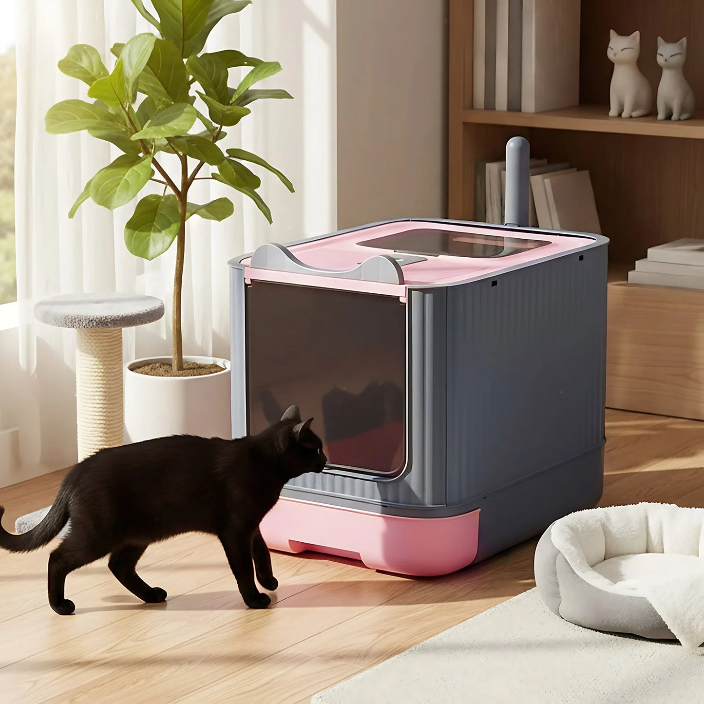 Multifunctional Cat Litter Box with Lid, Plastic Pet Toilet, Removable Litter Box, Large Cat Litter Box Hooded Litter Tray Drawer, UV Sterilization and Deodorization It Can Provide Your Cat with A Comfortable Place for Using The Toilet, 44.5x36.5x34.5cm,