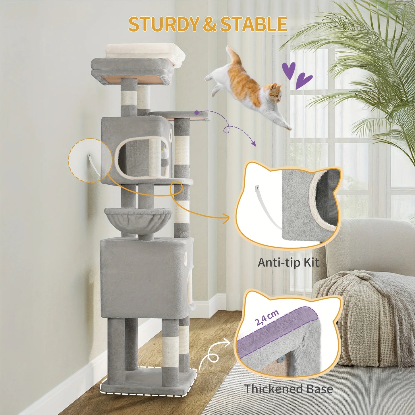 HZUANERI 180cm Multi-Level Cat Tree with 8 Scratching Posts, 3 Platforms, 2 Dens, Basket & Plush Balls - Durable Sisal Rope for Indoor Cats of All Sizes, Space-Saving Design for Climbing, Resting & Play, Cat Climbing Tower, Pet Activity Center, Modern Pet