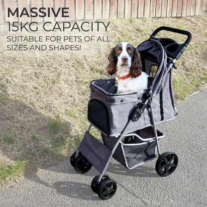 Stroller Pushchair Grey Carrier Foldable Trolley Travel Cart 15kg Capacity 4 Wheels Brakes Cat Dog Safety Snap Hook Leash Cushi