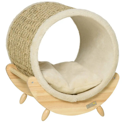Raised Cat House Kitten Bed Pet Shelter Wrapped with Scratcher Soft Cushion, 41 x 38 x 43 cm, Beige